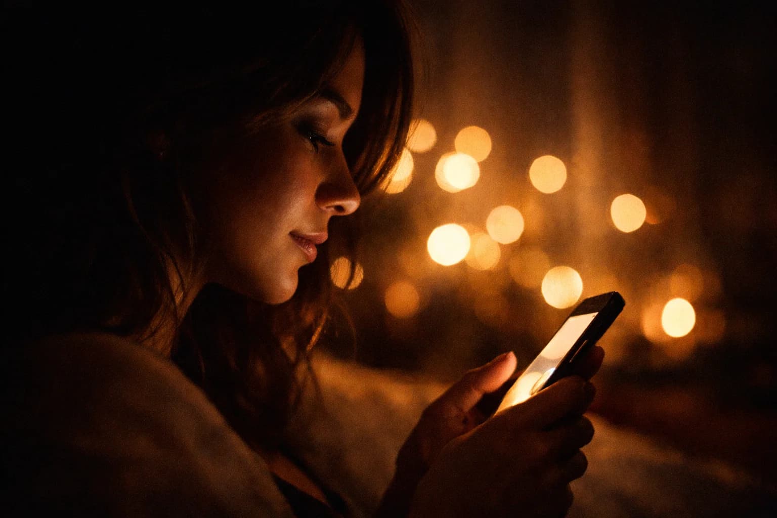 A person sitting by a window at night, softly lit by the glow of a phone screen, suggesting a quiet, emotionally close conversation with an AI companion.